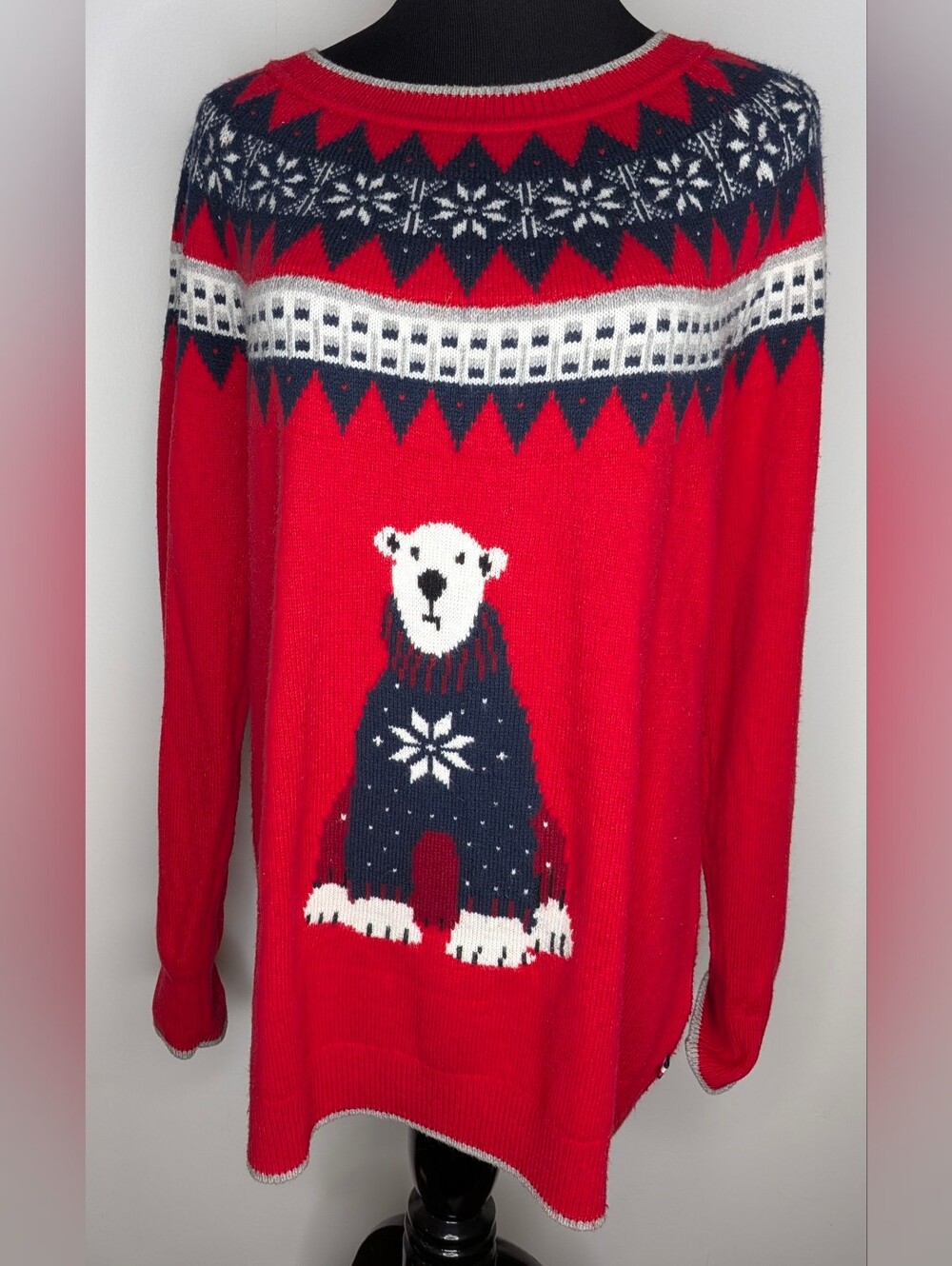 Tommy Hilfiger Red/Navy/White Winter Bear Longsleeve Cotton Wool Blend Sweater L